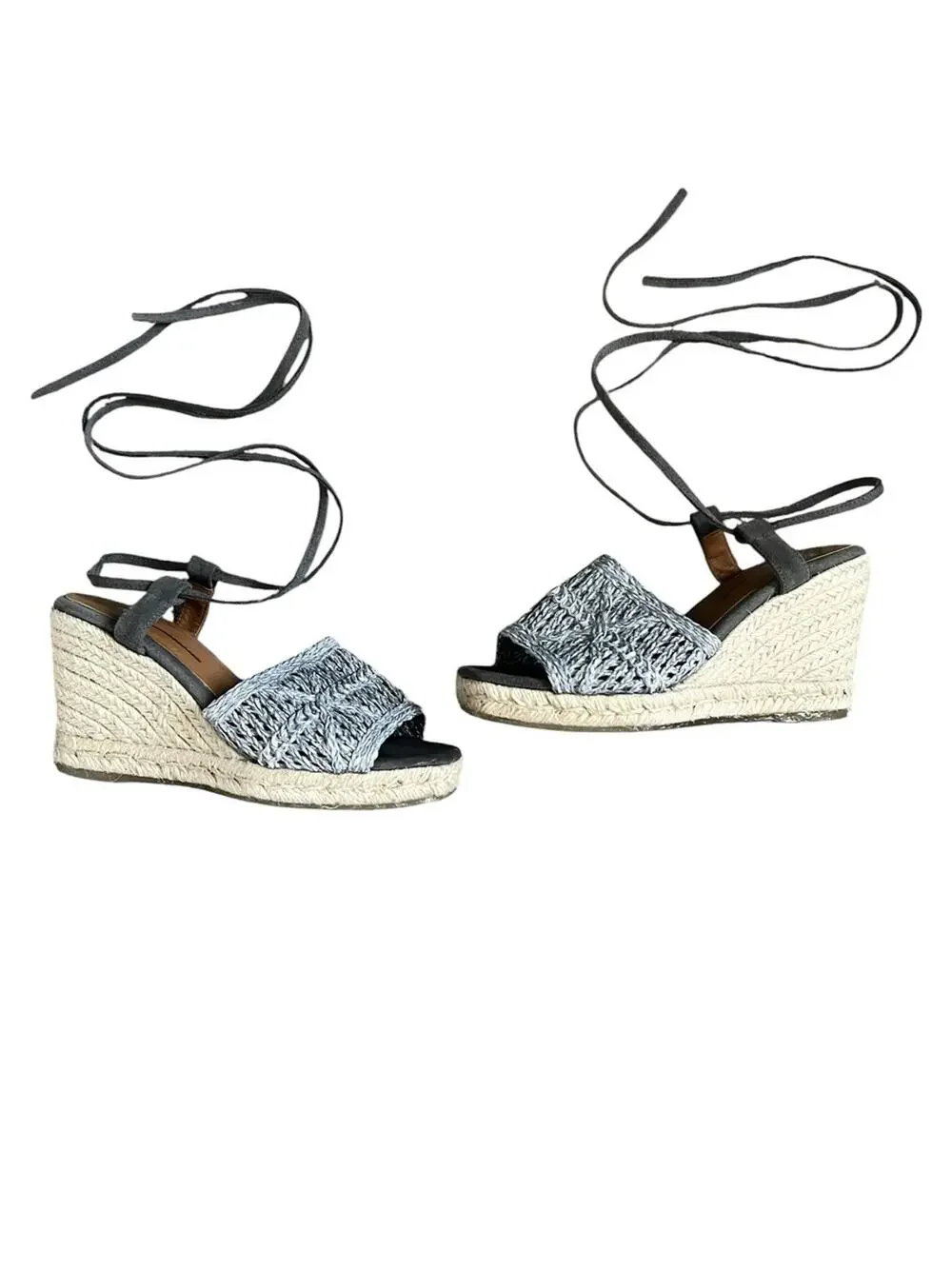 Anthropologie Women’s Blue Woven Lace Up Strappy Wedge Jute Sandals Heels 38